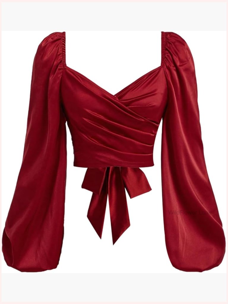Wrap V Neck Blouse Sweetheart Lantern Sleeve Pleated Tie Back Crop Tops